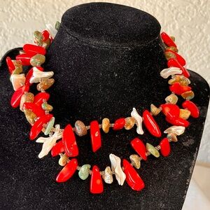 Vibrant Red Coral-Style & Turquoise Chip Necklace with Shell Accents